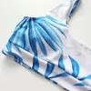 Sexy Scoop Neck White Tropical Palm Leaf High Waist Bikini 2021 Lady Swimwear Women Sport Swimsuit Female Swim Bathing Suit X0522