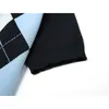Cárdigan corto de punto de estilo pijo para mujer, blusas de retazos de entramado en forma de diamante negro y azul con botones de cuello redondo, Tops Vintage 210515