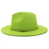 High Quality Patchwork Outer Lime Green Inner Rose Red Wool Felt Hat With Belt Buckle Hats Fedora For Women Wide Brim