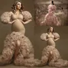 2021 Ruffles Champagne Tulle Kimono Kobiety Suknie Wieczorowe Szata Photoshoot Połowa Rękawy Off Ramię Prom Suknie Afryki Mermaid Split Maternity Dress fotografia