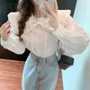 Style coréen Col de poupée en coton doux Chemise douce Vintage Casual Élégant Tops Solide Manches longues Bow Blouses blanches lâches 12634 210527