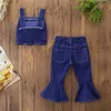 Perakende Çocuklar Kız Kıyafetler Setleri Giysi Ilmek Denim Gömlek Yelek + Flare Kot Yaz Toddler Giyim E194058 210610