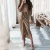 Dorywczo sukienki Jesień Paski Nieregularne Bodycon Sukienka Dla Biurowych Lady Elegancka Laple Długie Rękaw Kobiety Sexy V-Neck Drukuj Maxi Roll