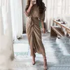 Casual Dresses Autumn Striped Irregular Bodycon Dress For Office Lady Elegant Laple Long Sleeve Women Sexy V-Neck Print Maxi Robe