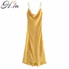 Hsa Summer Women Slip Satin Maxi Dress Backless Lace Up Elegant Shiny Party Midi Dress 210716