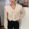 Sweet Korean Vintage Women Blouses Shirts Full Sleeve Peter Pan Collar Pearl Knappar Toppar Elegant Mode Ladies Blusas 210513