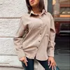 Blusa de terciopelo de pana con bolsillos informales para mujer, blusa de manga larga con cuello vuelto, camisa sólida de oficina para mujer, Tops de moda de invierno 220307