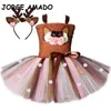 夏の赤ちゃんの女の子のドレス漫画鹿の弓のスリーブの白いドットチュチュスリング子供服E022 210610