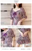 Catwalk Design Luxury Women Summer Square Collar Manica corta Stampa viola Eleganti volant Mini abiti femminili sottili 210514