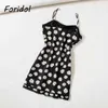 Daisy Print Lace Dress Spaghetti Strap Noir Moulante Mini Floral Beach Boho Summer Cute 210427