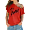 Women T-shirt Loose Slash Neck T Shirt Ladies Casual Letter Dance Summer Irregular Skew Cross Bandage Tops Tee 210623