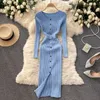 Autumn Sweater Women Dresses Solid O-neck Long Sleeve Bodycon Midi Dress Button Deco Front Split Work Party Knit 2021