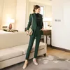 Green Coréen Office Two Piece Costume Set Femme Blaseur de couleur + pantalon Outfits Elegant Workwear femme mince 210513