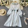 Women Fashion Retro Beaded A-line Dress Doll Collar Long Sleeve Slim Elegant Clothing Vestidos Mujer R358 210527