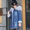 여자 데님 코트 재킷 패치 워크 두꺼운 따뜻한 모피 후드 어린이의 겨울 옷 6 8 10 12 14 210527