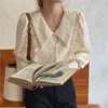 Koreanische Elegante Spitze Frauen Blusen Tops Volle Hülse Drehen-unten Kragen Rüschen Shirts Vintage Mode Damen Blusas Mujer 210513