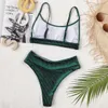 2021 grote vrouwen bikini vrouwelijke badpak split bikini effen kleur eenvoudige hoge taille strand sling low-cut sequin groen bikini top y0820