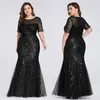 Abito Ever Pretty Plus Size Abito da sera slim a sirena in rete con paillettes Abito formale da donna con motivo foglie e perline Elegante