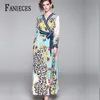 Women maxi dress long sleeve femme robe elegant party vestidos christmas dresses deep V sexy runway print plus size 210520