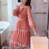 Orange chiffong klänning för kvinna ruffles långärmad hög midja bodycon lady elegant maxi klänningar kvinnlig vårkläder 210603