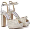 Elegante novia Zapatos de vestir de novia Sandalias de perlas de Saracria Perlas blancas Adornadas Sexy Niza Tacones altos Correa de tobillo Bombas de mujer EU35-42 CON CAJA