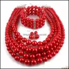 Bracelet Earrings Necklace Jewelry Sets Red Imitation Pearls Bridal Women Fashion Wedding Gift Classic Ethnic Collar Choker Bracelet Earr