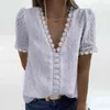 3XL Sexy V-Neck Lace Shirt Blouse Spring Summer Short Sleeve Ladies Shirt Casual Women Solid Pullover Tops Blusa Streetwear 210326