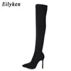 Toppkvalitet Fashion Trend Stretch Tyg Sock BOOTS Pointy Toe Over-The-Knee Heel Thigh High Pointed Toe Bekväm kvinna Boot Size 35-42