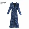 Zevity Women Vintage Vネックフラワープリントプリーツシャツレディース長袖バックジッパーヴェスティドシックスプリットドレスDS4516 210915