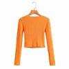 Stickad Ribbed Orange Beskuren Pullover Femme V Neck Vintage Kort Höst Vinter Långärmad Tröja Jumper Casual 210427