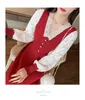 Kobieta Elegancki Jesień Wiosna Red Sweter Sukienki Koronki Patchwork Z Długim Rękawem A-Line Knit Vestido Da Festa 210520