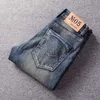 Italiensk stil mode män jeans högkvalitativa retro mörkblå elastisk slank rippad vintage designer casual denim byxor x6r0