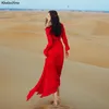 Casual Kleider Khalee Yose Red Vintage Maxi Kleid Frühling Ethnische Urlaub Frauen Langarm Elastische V-ausschnitt Damen Split Sexy