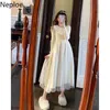 Neploe Chic Beading Bow Dress Patchwork Gauze Knitted Sweet Dresses for Women O-neck High Waist Slim Fit Robe Vestidos 4H020 210422