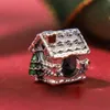 100% 925 argent sterling métal maison en pain d'épice Noël émail rouge perle de charme convient aux bracelets de charme de bijoux Pandora européens