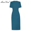 Diseñador de moda Fiesta de verano Elegante vestido azul O-cuello de mujer Empalme de manga corta con cuentas Slim Midi Vestidos 210524