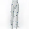 Sexy See Through Mesh Cyber Butterfly Embroidery Flare Pants Fairy Grunge Kawaii Cosplay Long Trousers Summer Bottoms 210517