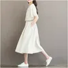 夏のドレスの女性の服の綿のリネンの縞模様のプリント半袖ハイウエストAラインドレスvestidosチュニック210520