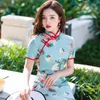 Etnik Giyim Fan Şemsiye Baskılı Çin tarzı dört yönlü streç satin Qipao Kısa Kollu El Yapımı Düğmesi Cheongsam Oryantal Elbise