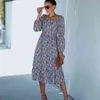 2022 Printemps Nouvelle robe à manches longues Été Femmes Robe longue Dames Élégant Doux Col Carré Imprimé Floral Slim Vacances Sundress Y1204