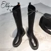 Olymurs Nieuwe Fashion Black Women Knie High Boots Poated Toe Side Zip Dikke Mid Hiel Dames Winter Warm Laarzen Schoenen Vrouw Z33L#