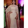 abulous Lace Stretch Satin High Collar Saudi Arabia Style Evening Dresses with Long Wrap Champagne Prom Gowns vestidos