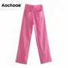 Aachoae Women Wide Leg Jeans Fashion High Waist Cotton Long Denim Pants Pockets Casual Straight Loose Trousers Pantalon 211129