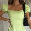 Vintage anni '90 Estetica Elegante Dolce Colletto quadrato Mini Aderente Casual Y2k Moda Carino Puff Sleeve A-line Abiti Abiti Verde X0521