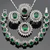 Flor Mujer Color plata Conjuntos de joyas Piedras verdes CZ Blanco CZ COLLAR COLGANTE Pulseras Pendientes Anillos Caja de regalo gratis H1022