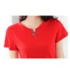 Camiseta Mujer Summer 솔리드 ​​짧은 소매 캐주얼 티셔츠 한국어 스타일 여성 탑 및 티셔츠 자수 V 넥 티셔츠 210510
