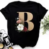 사용자 정의 이름 편지 조합 패션 여성 티셔츠 꽃 편지 글꼴 A B C D E F G 반팔 탑 블랙 티셔츠 의류