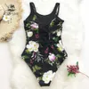 Badeanzug Frauen Floral Print Und Mesh Patchwork Einteiliges Oansatz Spitze-up Monokini 2021 Bade Bademode