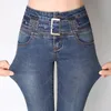 Kvinnor Hög midja Små Flare Jeans Fashion Slim Long Stretchy För Spring Summer Denim S till 5XL Ljus och Mörkblå 210708