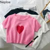 Neploe koreanska tröjor Kvinnor O-Neck Tjockat hjärta Virka Blommigt Sticka Beskuren Pullovers Imiterade Mink Kortärmad Super Toppar 210422